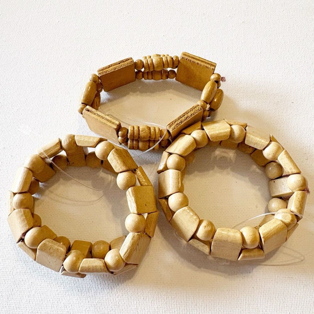Beaded Stretch Bracelets (3) Browns Wood Natural Look Boho Ethnic